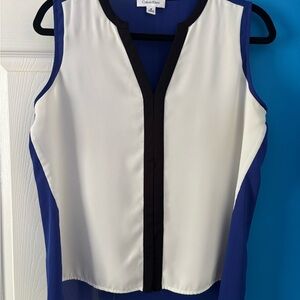 Calvin Klein Women's Blouse - Cream and Blue with Black Accents